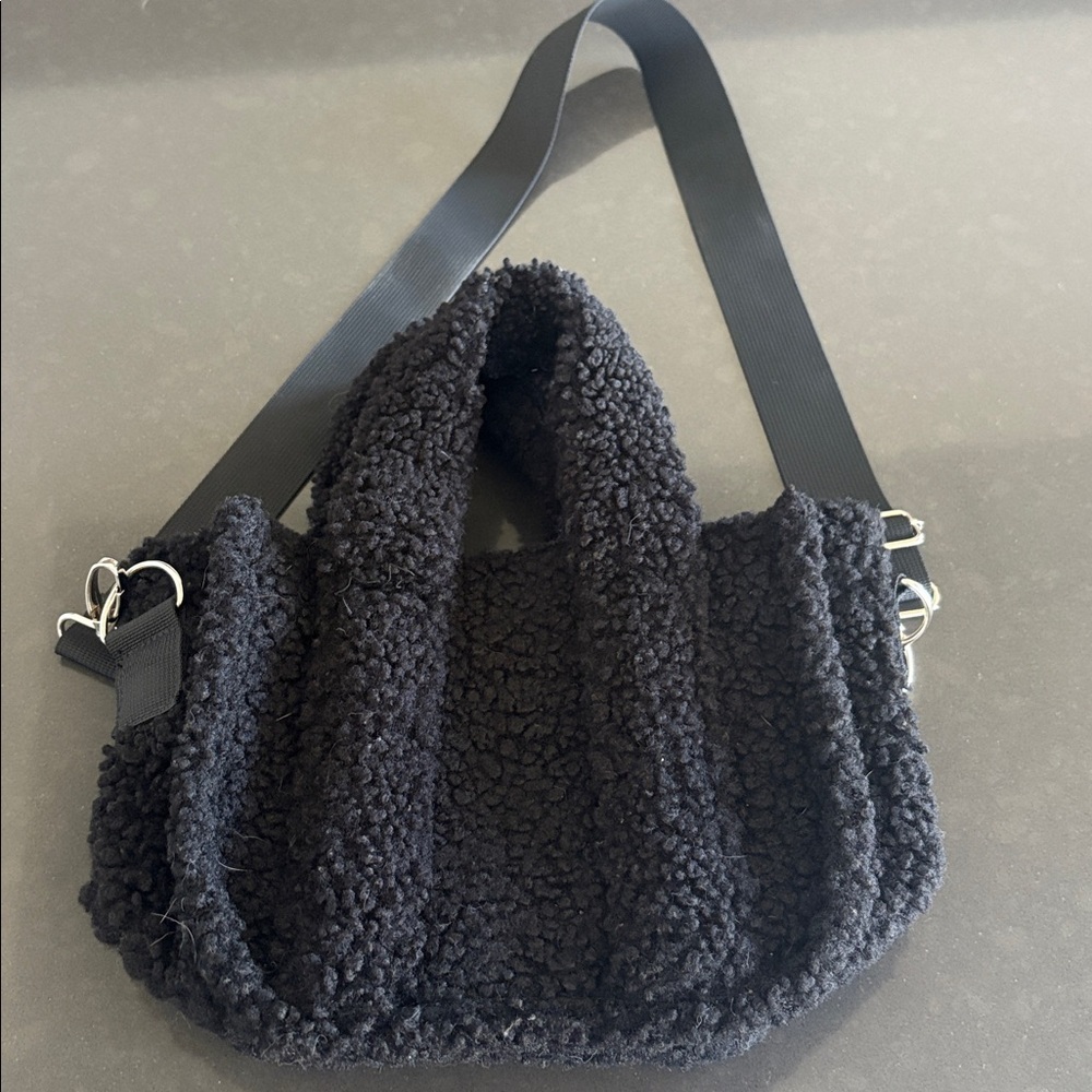 Black Faux sherpa purse with removable cross-body adjustable length strap